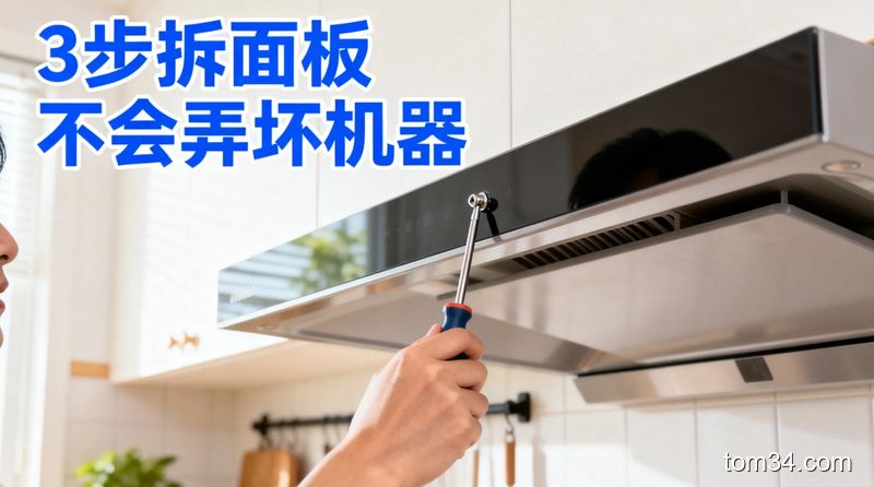 清新明亮普通家庭厨房场景，普通人单手用螺丝刀拧侧吸式抽油烟机前面板的固定螺丝，动作轻松不费力，配文字标注「3步拆面板 不会弄坏机器」，风格生活化，突出易操作
