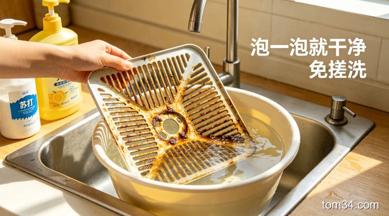 清新明亮生活化风格，厨房水槽边场景，一只手把沾满油垢的抽油烟机滤网放进装着热水的盆里，盆边放着洗洁精、小苏打，配有文字标注“泡一泡就干净 免搓洗”，突出省心不脏手的特点