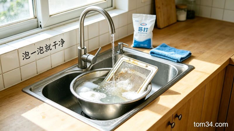 厨房台面场景，透明塑料袋里装着白醋温水和抽油烟机滤网，一只手正在摇晃塑料袋，旁边配文字标注「不用刷不用搓 油污自动掉」，风格清新明亮生活化，突出快手操作