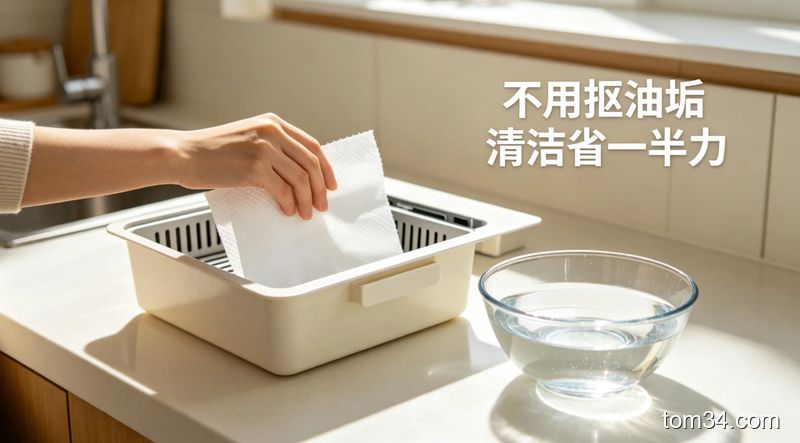 清新明亮生活化厨房场景，展示手给油烟机集油盒垫厨房纸巾的动作，旁边摆着半碗加了白醋的清水，配文字标注「不用抠油垢 清洁省一半力」，突出操作简单、无需额外花钱
