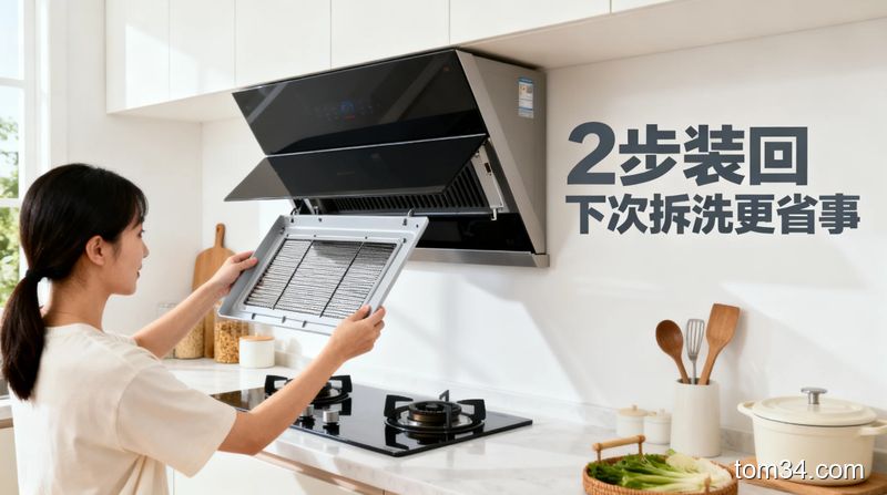 清新明亮厨房场景，普通人轻松把油网和前面板装回侧吸抽油烟机，配文字标注「2步装回 下次拆洗更省事」，风格写实居家，突出操作简单