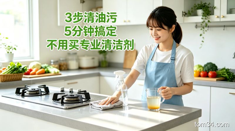干净整洁的厨房全景，阳光洒在台面上，没有油污和污渍，展示厨房清洁最终效果