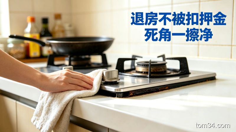 出租屋灶台缝隙、旋钮下方的死角位置，用抹布擦拭油污死角，一擦就露出干净的台面，清新明亮生活化，标注退房不被扣押金 死角一擦净