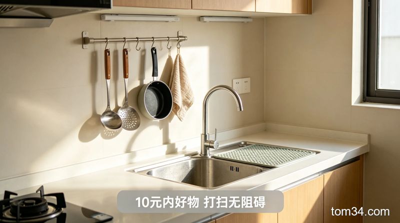 明亮整洁的小户型出租屋厨房场景，墙面上的免打孔挂钩整齐挂着锅铲、汤勺、抹布，水槽里铺着硅胶沥水垫，台面空无一物，配文字标注「10元内好物 打扫无阻碍」，生活化风格，突出租房友好