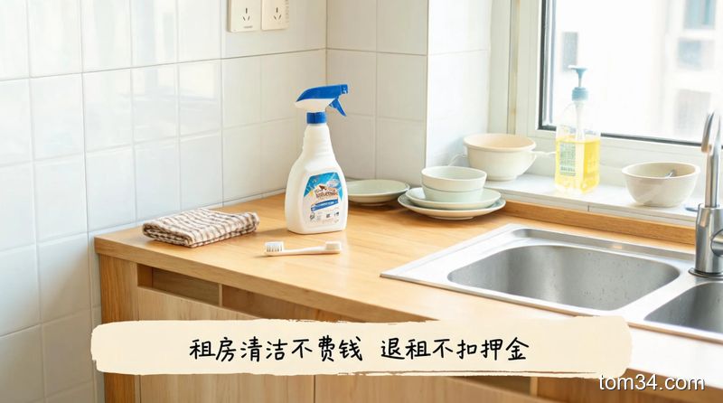清新明亮生活化风格,小户型出租屋厨房场景,桌面摆放普通油污净、旧牙刷、抹布等家常清洁用品,配文字标注「租房清洁不费钱 退租不扣押金」,氛围轻松接地气