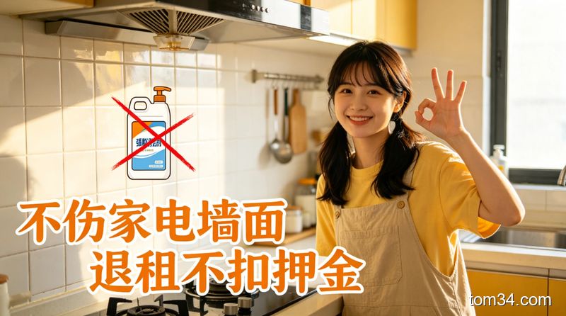 完好整洁的出租屋厨房墙面场景，旁边划掉强酸清洁剂的图示，女生比出OK手势，风格生活化，配文字「不伤家电墙面 退租不扣押金」，突出租房友好