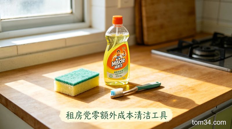 清新明亮生活化出租房厨房场景，桌面摆放威猛先生、百洁布、旧牙刷三样清洁用品，配文字标注「租房党零额外成本清洁工具」，风格接地气，突出简单便宜