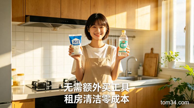 清新明亮的出租屋小厨房场景，女生举着小苏打、白醋、面粉三样家常物品笑，风格生活化，配文字「无需额外买工具 租房清洁零成本」，突出平价、方便的特点