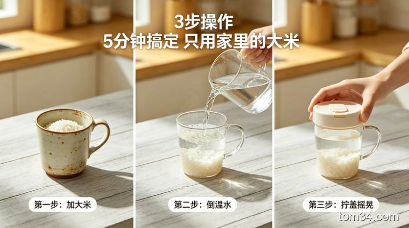 往带茶垢的玻璃杯里加大米和温水的居家操作场景
