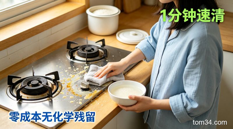 清新明亮生活化厨房场景，台面上有刚溅的新鲜油污，女生手持沾了温热淘米水的抹布擦拭灶台，旁边放着一碗淘米水，画面标注\