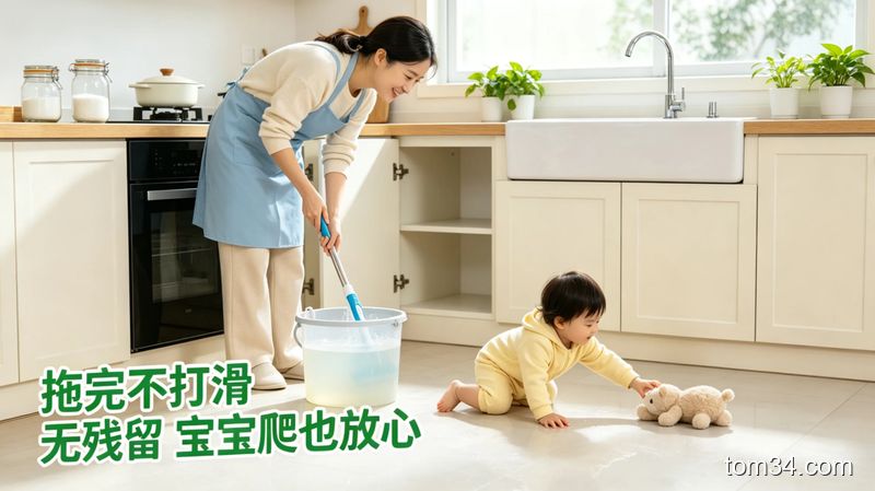 有娃家庭厨房干净地面，宝妈用加了白醋食盐的水轻松拖地，拖完的地面上宝宝光脚坐着玩玩具没有打滑，风格：清新明亮、生活化，文字标注：拖完不打滑 无残留 宝宝爬也放心，主体动作：轻松拖地、宝宝玩耍的温馨画面，突出安全属性
