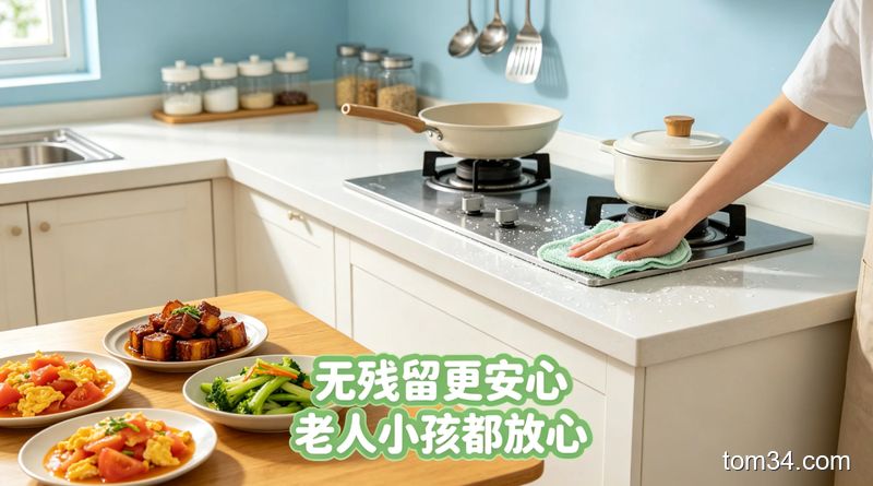 油污清洁避坑对比图，左侧是用钢丝球刮花的不锈钢灶台表面，右侧是用清洁剂搭配百洁布擦完的完好无损的干净灶台