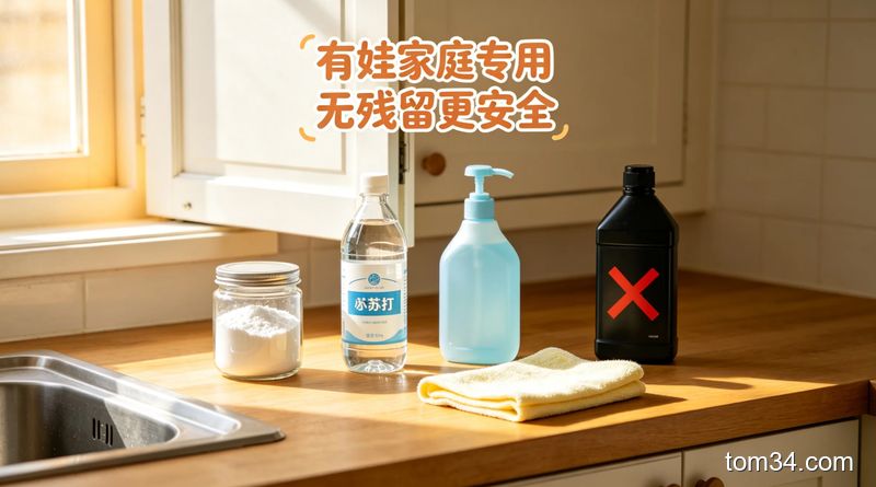 明亮居家餐桌场景，摆放着食用小苏打、酿造白醋、新鲜柠檬三样平价清洁好物，配文字标注「平价清洁品 闭眼入不踩坑」，生活化风格