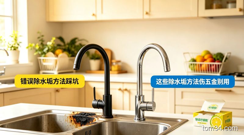 对比图：左侧是被钢丝球刮花的旧水龙头，右侧是完好亮洁的新水龙头