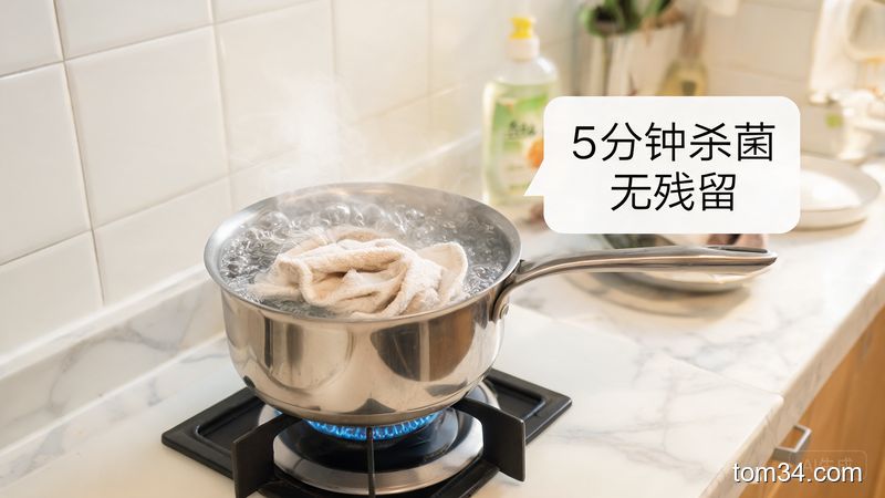 厨房灶台边场景，小奶锅里装着加了食盐的开水正在煮抹布，旁边配文字标注「5分钟杀菌 无残留」，明亮家常风格，突出低成本高效