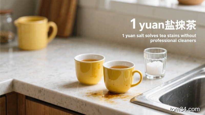 清洁前后的陶瓷杯、玻璃杯对比摆放在厨房原木桌面的场景