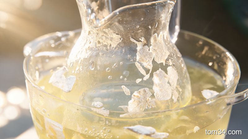 水垢清洁剂泡一泡效果，绿伞柠檬酸除垢剂浸泡水壶后水垢脱落，水壶光亮如新