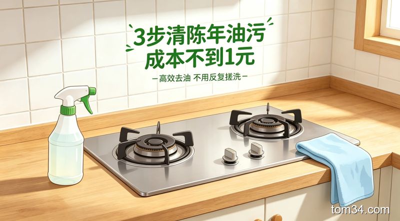 明亮整洁的家用厨房场景，台面上摆放着小苏打、白醋、橘子皮等家常清洁用品