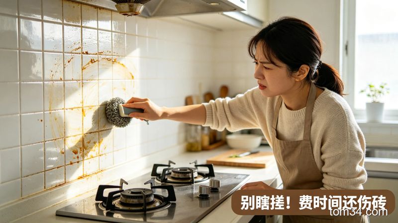 清新明亮生活化厨房场景，灶台旁瓷砖有明显油污，人物皱着眉用钢丝球使劲搓瓷砖，角落配文字标注「别瞎搓！费时间还伤砖」