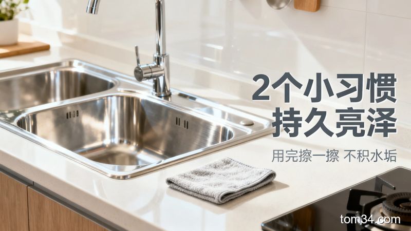 明亮的厨房，主体是亮得反光的崭新不锈钢水槽，旁边放着一块擦碗布，配文字标注「2个小习惯 持久亮泽」，风格清新明亮生活化，突出清洁后的好效果