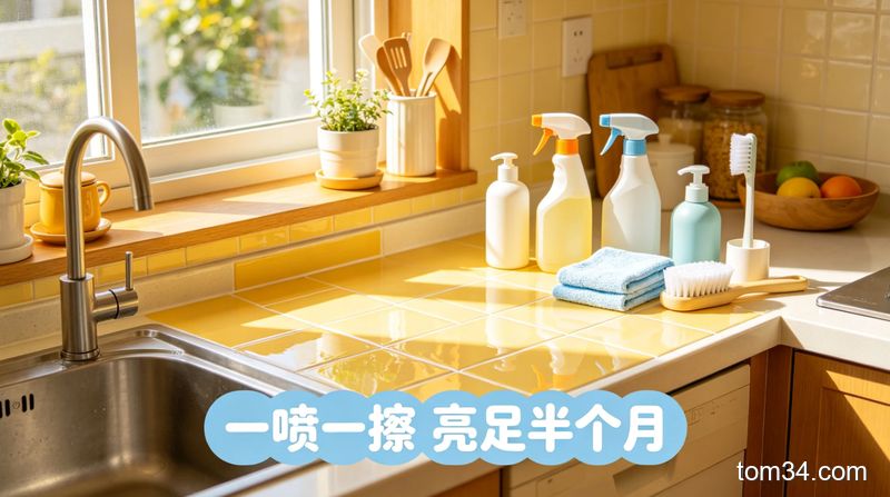 治愈明亮居家场景，清洁后的厨房瓷砖锃亮能反光，旁边摆放本文用到的所有清洁用品，配文字「一喷一擦 亮足半个月」，突出清洁效果好