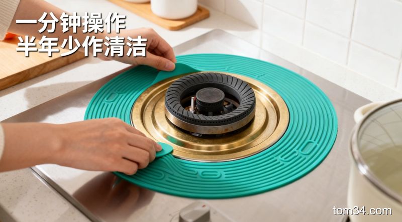 清新明亮生活化厨房场景，用户正在给干净的煤气灶铜圈底部贴耐高温硅胶防油垫，画面标注「1分钟操作 半年少做清洁」字样，突出方便省心