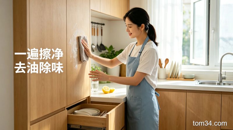 清新明亮生活化厨房场景，展示用柠檬皮擦水槽、用沾了面粉的抹布擦橱柜墙面的动作，配文字标注「一遍擦净 去油除味」，突出操作简单不用额外买清洁剂