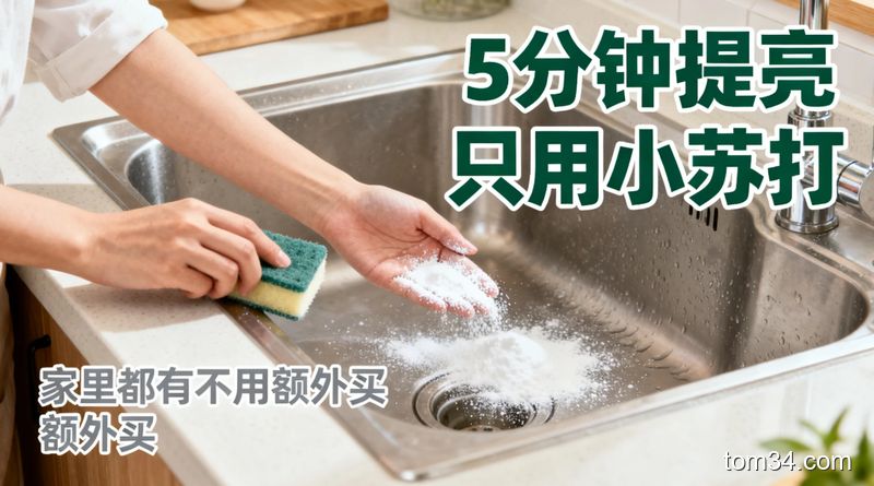 整洁的厨房操作台，人物正在给微湿的不锈钢水槽撒小苏打粉，手上拿着软海绵准备擦拭，配文字标注「5分钟提亮 只用小苏打」，风格清新明亮生活化，突出操作简单无需额外买清洁用品