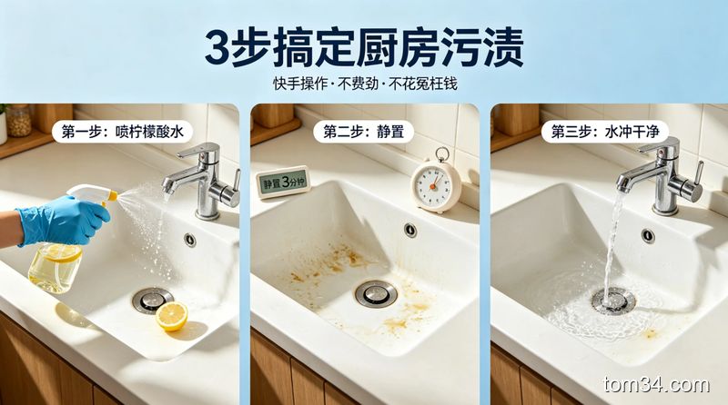 场景：现代家用厨房场景，主体动作：3步快速清洁厨房水槽水垢的动作演示，第一步喷柠檬酸水、第二步静置、第三步水冲干净，配文字“3步搞定厨房污渍”，风格：清新明亮生活化，关键元素：快手、不费劲、不花冤枉钱