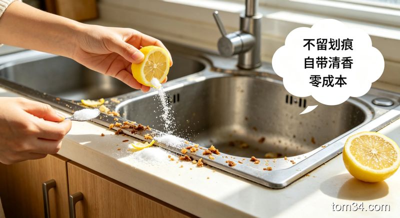 女生用柠檬皮擦拭不锈钢水槽，擦拭后的水槽光亮洁净，旁边放着装食盐的小碟子