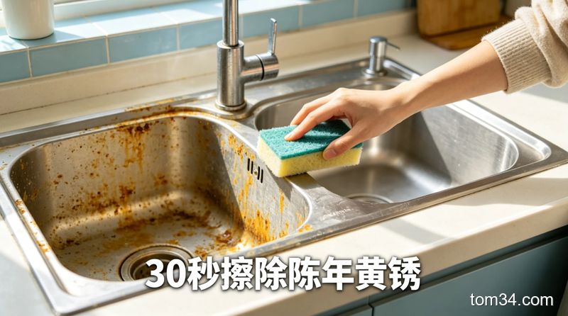 清新明亮生活化出租房厨房场景，一半带黄锈水垢一半干净发亮的水槽对比图，手拿着百洁布擦拭污渍处，配文字标注「30秒擦除陈年黄锈」，突出效果明显
