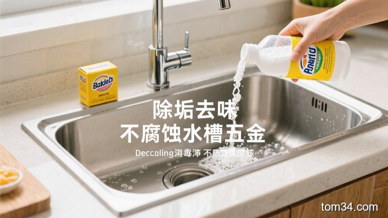 厨房清洁场景，往水槽里倒小苏打和白醋，起泡后冲干净，水槽光亮无异味