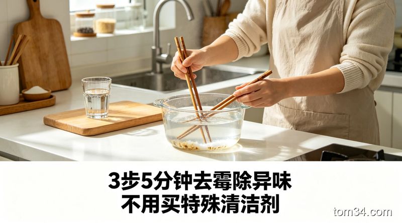 清新明亮生活化厨房台面场景，普通人正在用加了小苏打的开水浸泡发霉筷子，操作简单快手，配文字标注「3步5分钟去霉除异味 不用买特殊清洁剂」，突出低成本易操作