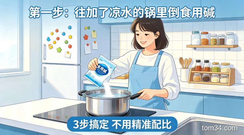 清新明亮生活化厨房场景，3步动作演示：第一步往加了凉水的锅里倒食用碱，第二步放洗碗布进锅煮沸，第三步拿热抹布擦灶台，配文字标注「3步搞定 不用精准配比」，突出操作简单快手