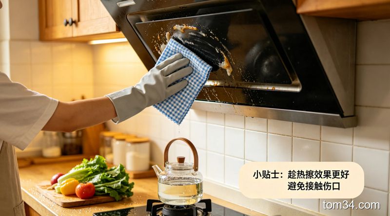 清新明亮生活化厨房场景，一只手戴薄手套拿着热碱水抹布擦油污，旁边配小字标注「小贴士：趁热擦效果更好 避免接触伤口」，风格温馨实用