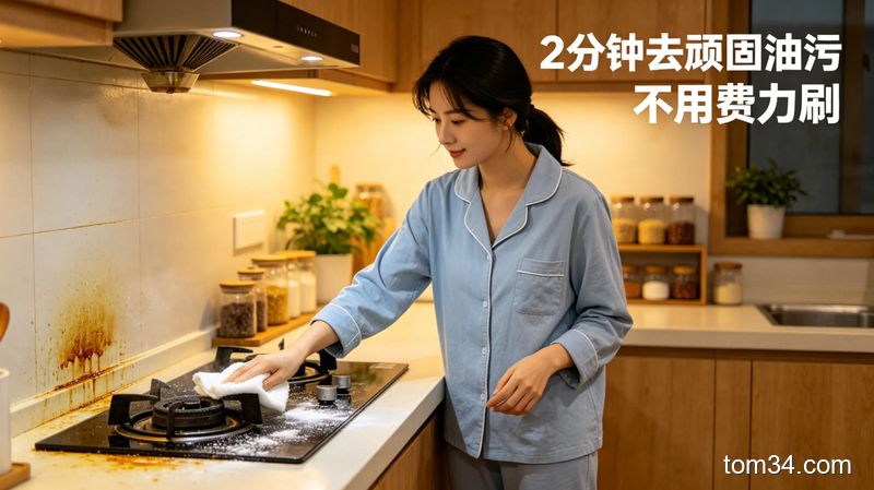 温馨明亮厨房场景，人物拿着撒了小苏打的湿抹布擦拭灶台油污，动作轻松，配文字标注「2分钟去顽固油污 不用费力刷」，突出快手高效