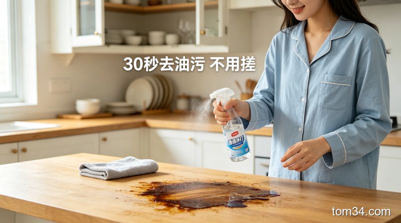 清新明亮生活化风格，女生拿着妙管家苏打喷雾喷厨房台面的油污，用抹布一擦就干净，旁边配文字&ldquo;30秒去油污 不用搓&rdquo;，突出快速简单的清洁过程