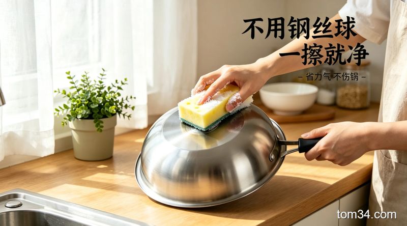 女生用海绵擦拭锅底黑垢，旁边摆放着食盐和洗洁精，擦过的锅底和没擦的部分形成明显对比
