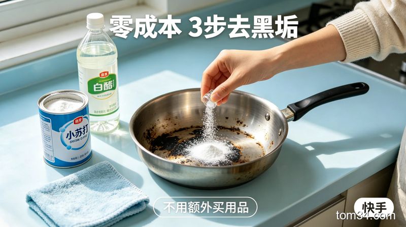 场景为普通家庭厨房桌面，手正在往带黑垢的不锈钢锅底撒小苏打、倒白醋，配标注文字「零成本 3步去黑垢」，画面元素有小苏打、白醋、软清洁布，风格清新明亮、生活化，突出「不用额外买用品」「快手」关键词