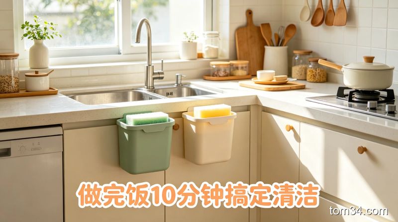 整洁的厨房台面，散落着少量厨余和油污待清洁
