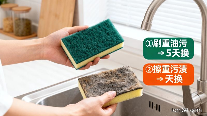 清新明亮厨房水槽边场景，普通人一手拿崭新百洁布一手拿旧百洁布对比，旁边配2个醒目文字标识：①刷重油污→3-5天换 ②擦轻污渍→7天换，突出零难度判断、不用记复杂规则