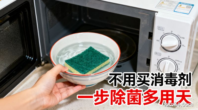 普通家庭厨房场景，展示2步快手除菌动作：第一步把百洁布放进装清水的碗，第二步把碗放进微波炉，旁边配文字「不用买消毒剂，2步除菌多用3天」，风格生活化，突出低成本、操作简单