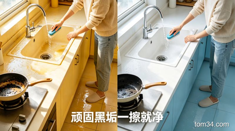 厨房死角清洁前后对比图，包含发黄水槽、油腻地面、带黑垢的锅底，普通人轻松拖地、刷洗水槽的动作，配文字「顽固黑垢一擦就净」，风格明亮生活化，突出高效