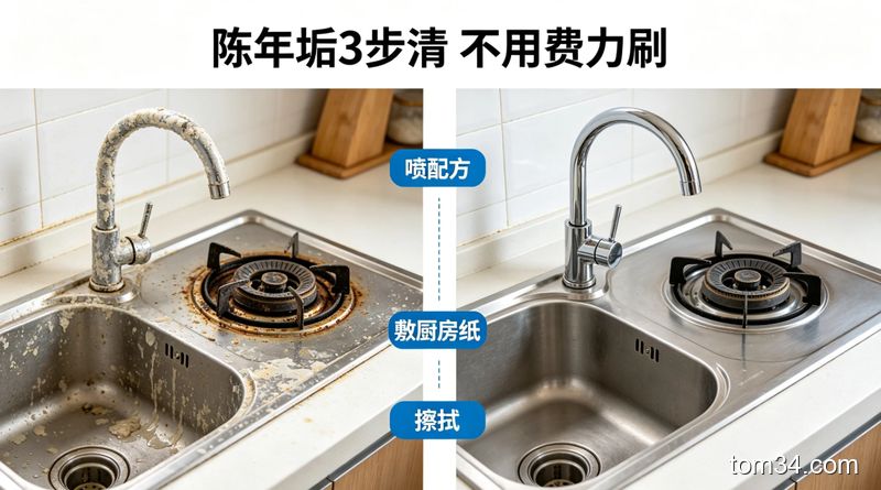 清新明亮厨房对比场景，左侧是布满水垢的水龙头和重油污灶眼，右侧是擦完光亮如新的同款，中间标注3步操作：喷配方、敷厨房纸、擦拭，配文字「陈年垢3步清 不用费力刷」，风格直观易懂