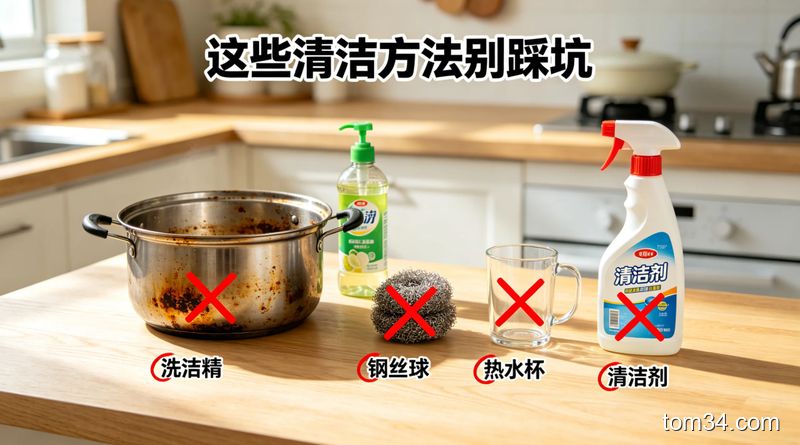 清新明亮生活化厨房场景，台面上摆着有明显油污烧痕的不锈钢锅，旁边放着洗洁精、钢丝球、热水杯、瓶装强力清洁剂，四个物品上都打红色叉号，配文字标注「这些清洁方法别踩坑」，整体风格简约接地气，突出避坑主题