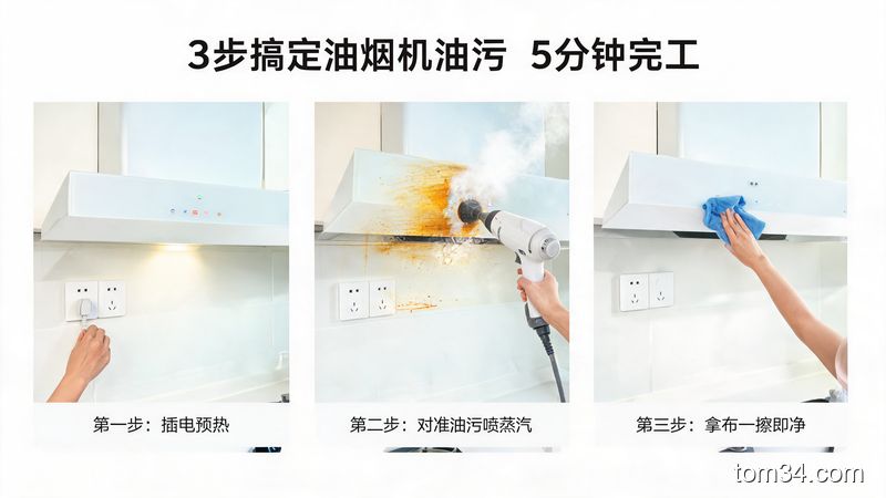 清新明亮厨房场景，三步操作拆解图，第一步插电预热、第二步对着油污喷蒸汽、第三步拿布一擦即净，旁边加文字标注「3步搞定油烟机油污 5分钟完工」，突出简单易操作
