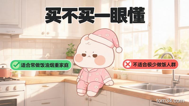 清新明亮居家场景，软萌卡通懒人形象旁标注两个标签，绿色对勾标签写「适合常做饭油烟重家庭」，红色叉号标签写「不适合极少做饭人群」，上方加文字标注「买不买一眼懂」，风格轻松活泼