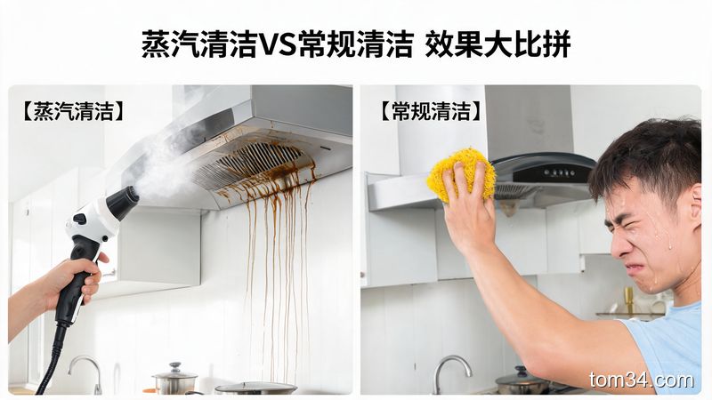 清新明亮厨房场景，左右分屏对比设计，左侧是人手拿蒸汽清洁机对着油烟机顽垢喷，油污顺着墙面往下流，右侧是人手拿钢丝球费力蹭油污满头大汗，中间加文字标注「蒸汽清洁VS常规清洁 效果大比拼」，突出省力高效