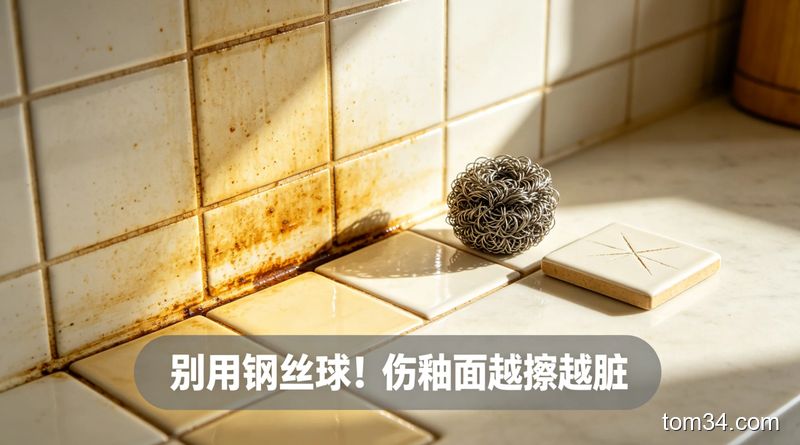 厨房沾满黄褐色陈年油污的瓷砖墙面特写，旁边放着钢丝球和被刮花的瓷砖小块对比，风格：清新明亮生活化，关键元素：配文字标注「别用钢丝球！伤釉面越擦越脏」，突出避坑、简单易懂