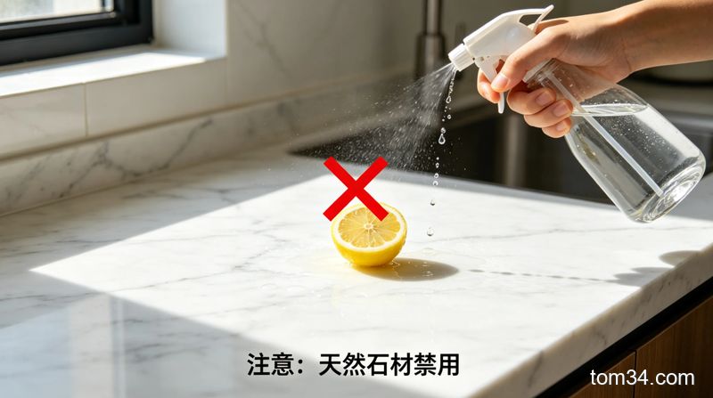 场景：厨房台面特写，主体动作：用红叉标注禁止将柠檬酸喷在大理石台面上，配文字“注意：天然石材禁用”，风格：清晰直白生活化，关键元素：避坑提示、一目了然